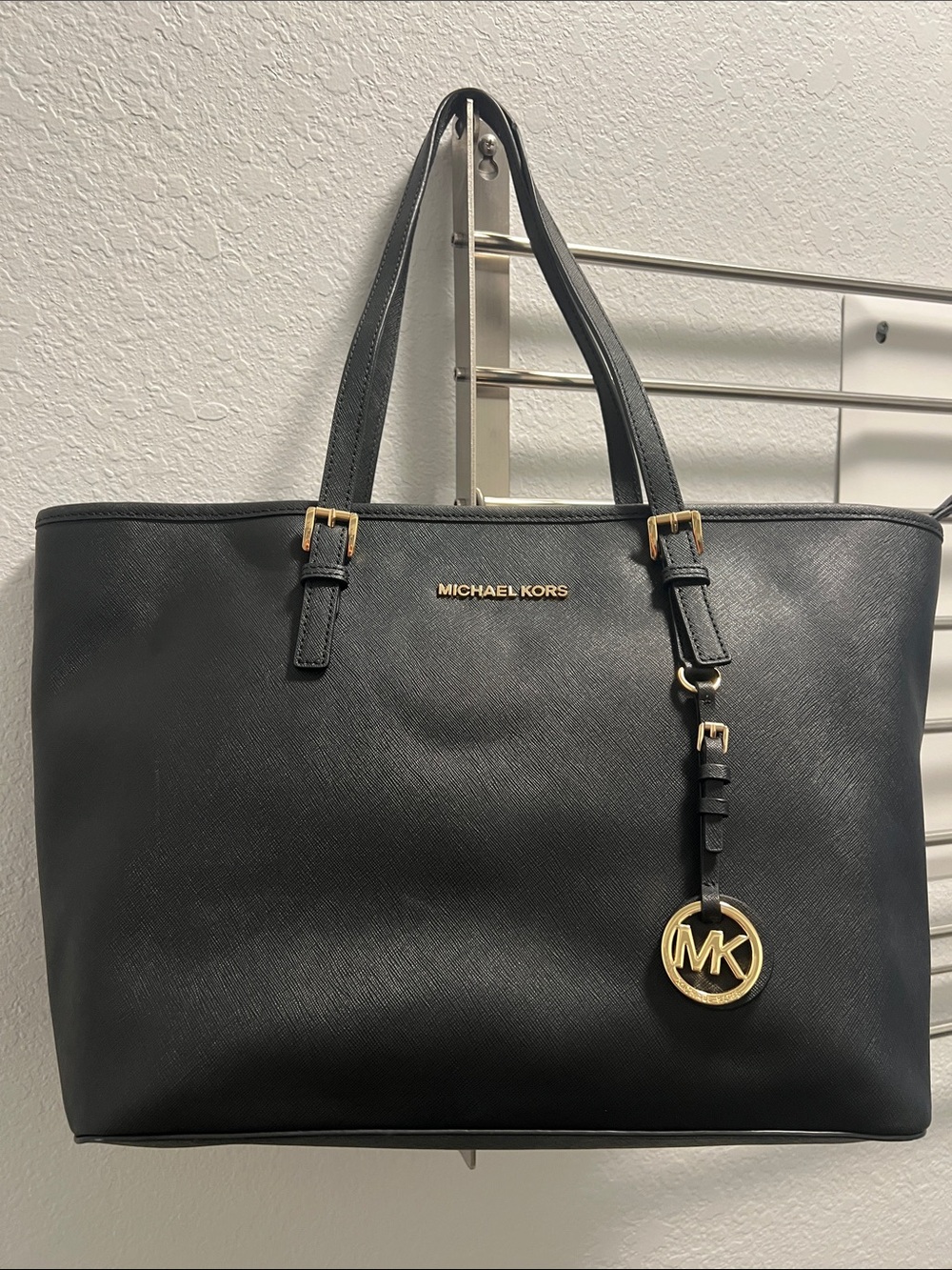 Michael Kors Black Leather Shoulder Tote with Gold MK Charm